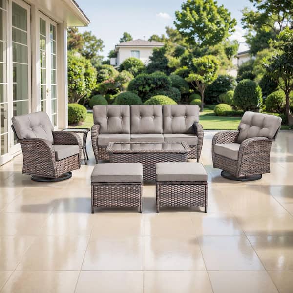 TWrap Brown 7-Piece Wicker Patio Conversation Set with Swivel Rockers, Sofa Seating Set with Olefin Gray Cushions