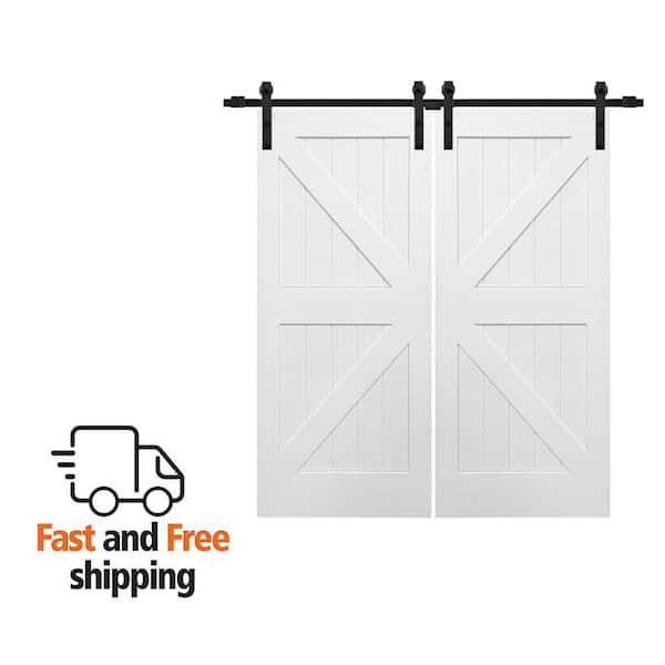 72 in. x 84 in. Primed Composite K-Plank Assembly Required Double Sliding Barn Door with Matte Black Hardware Kit