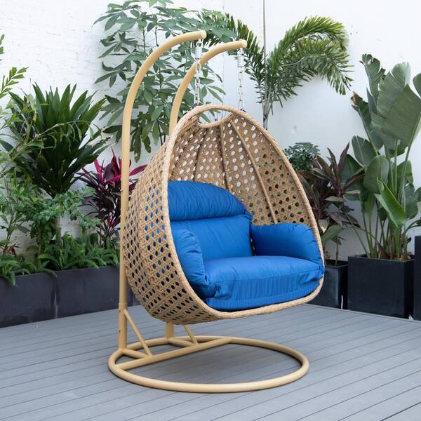 Leisuremod Mendoza 53 in. 2 Person Light Brown Wicker Patio Swing Chair with Stand and Blue Cushions
