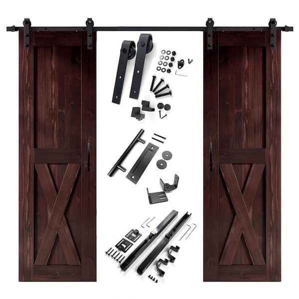HOMACER 24 in. x 84 in. X-Frame Red Mahogany Double Pine Wood Interior Sliding Barn Door with Hardware Kit Non-Bypass