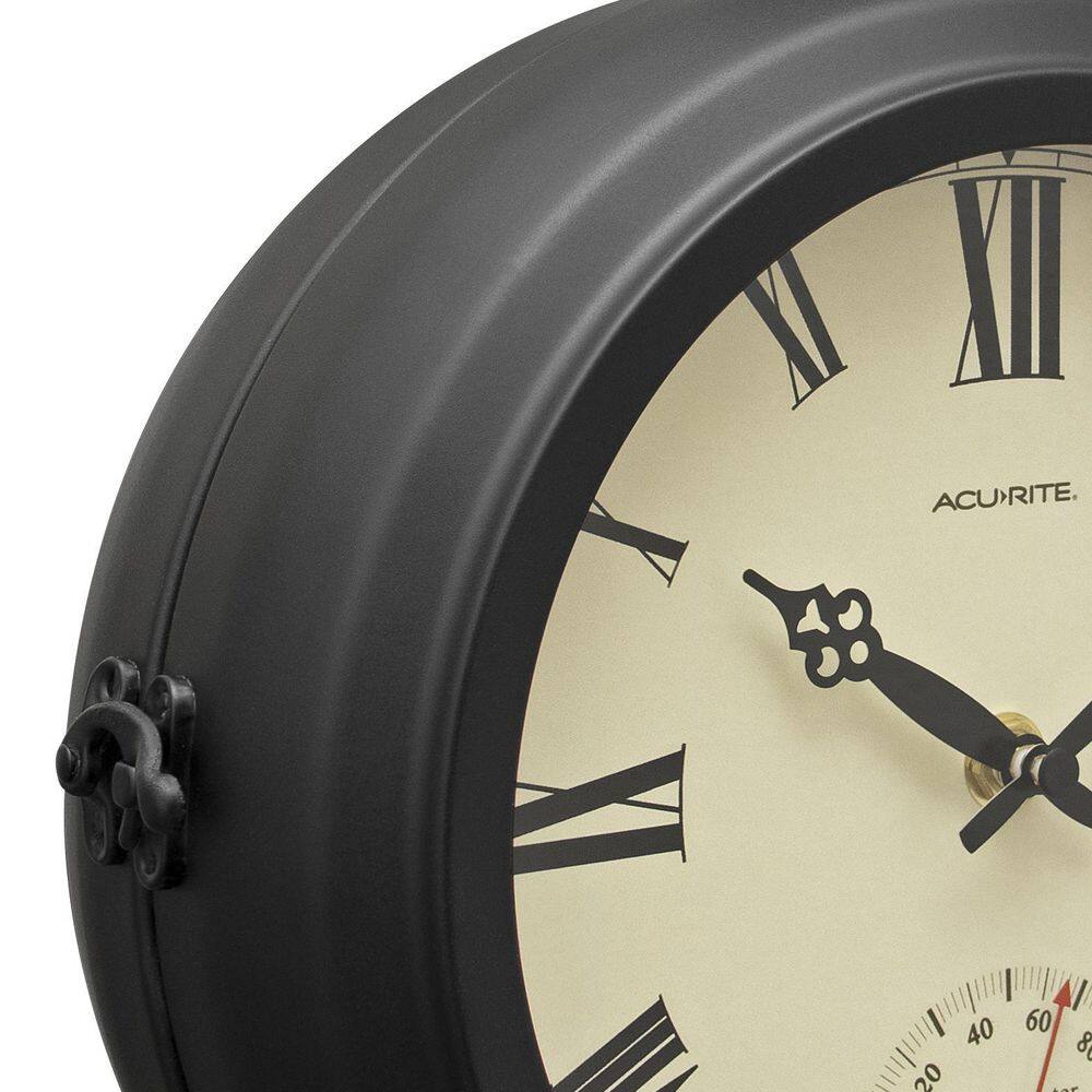 AcuRite 9-Inch Black Iron Double-Sided Hanging Clock with Thermometer