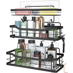 3 Pack Black Adhesive Stainless Steel Shower Rack Basket with 4 Hooks