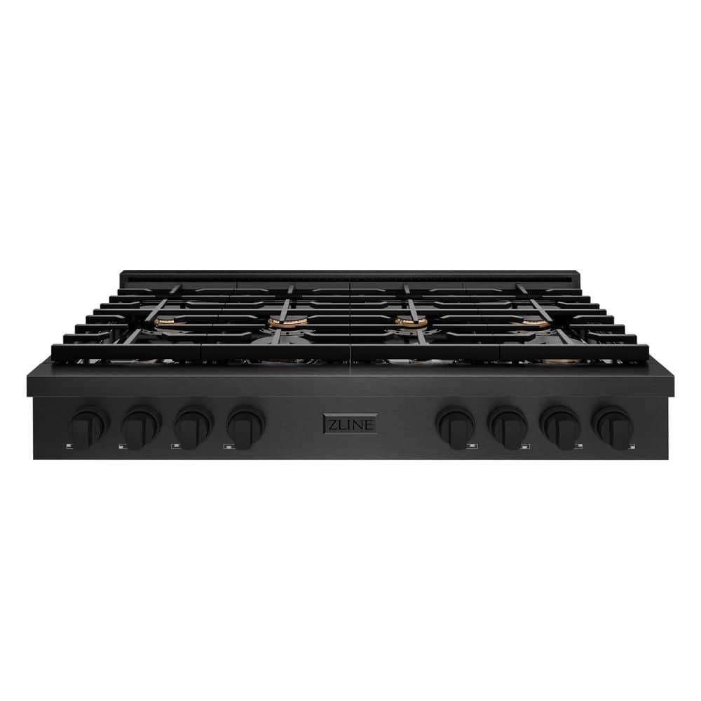 48 in. Paramount Gas Rangetop with 8 Brass Burners and Porcelain Cooktop in Black Satin Stainless Steel