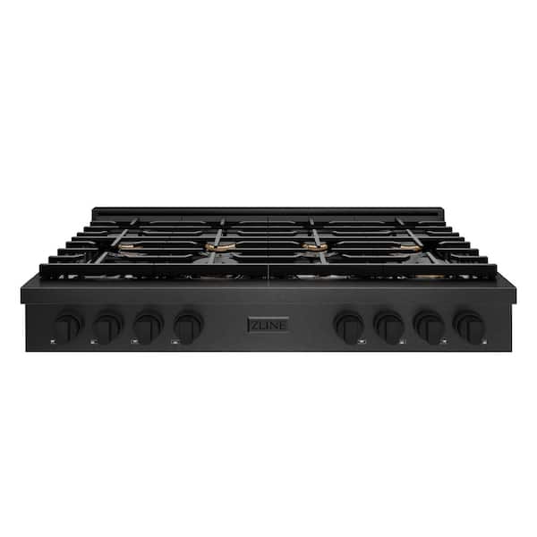 48 in. Paramount Gas Rangetop with 8 Brass Burners and Porcelain Cooktop in Black Satin Stainless Steel