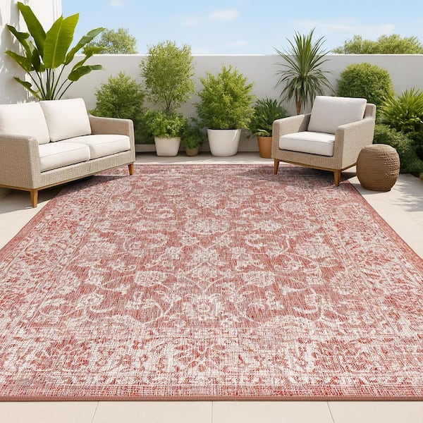 Tela Bohemian Textured Weave Floral Red/Taupe 9 ft. x 12 ft. Indoor/Outdoor Area Rug