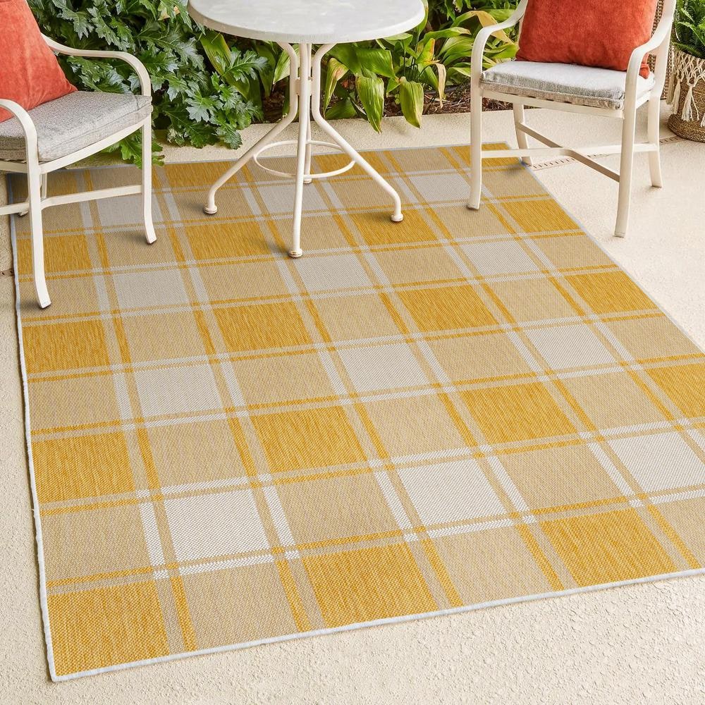 Sabine Bold Gingham Yellow and Cream 3 x 5 Synthetic Indoor/Outdoor Rug