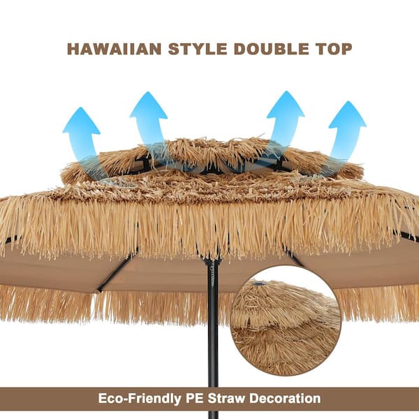 9 ft. Thatched Tiki Beach Umbrella 2-Tier Patio Umbrella with Crank and Umbrella Base in Natural Color