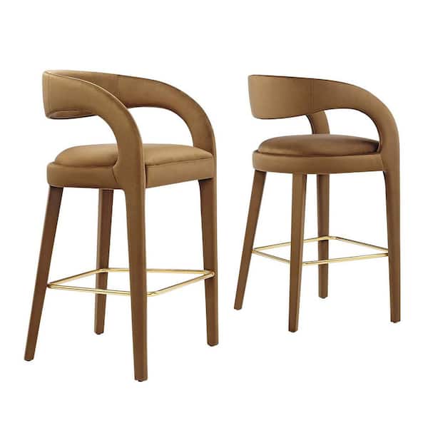 MODWAY Pinnacle 30 in. in Brown Gold Rubber Wood Performance Velvet Bar Stool Set of 2