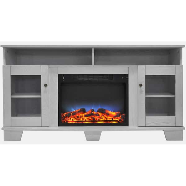 Hanover Glenwood 59 in. Electric Fireplace in White with Entertainment Stand and Multi-Color LED Flame Display