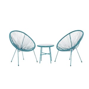 Acapulco Fresh Blue 3-Piece Metal Patio Conversation Set Wrapped by Flexible Rope with Tempered Glass Top Side Table