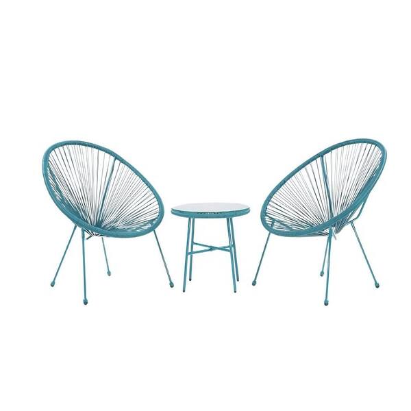 Unbranded Acapulco Fresh Blue 3-Piece Metal Patio Conversation Set Wrapped by Flexible Rope with Tempered Glass Top Side Table
