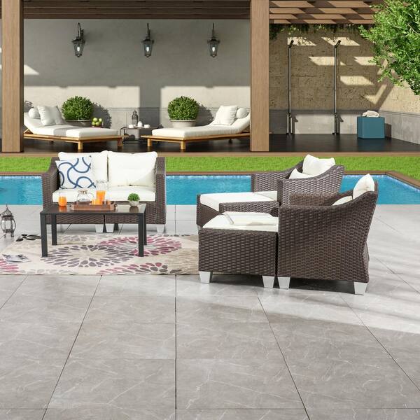 Patio Festival 8-Piece Wicker Patio Conversation Set with Beige Cushions