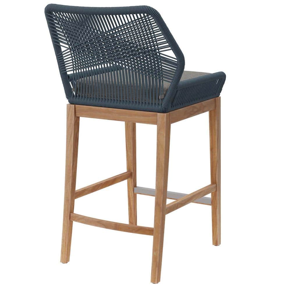 Graphite Blue Teak Wood Outdoor Bar Stool with Cushions