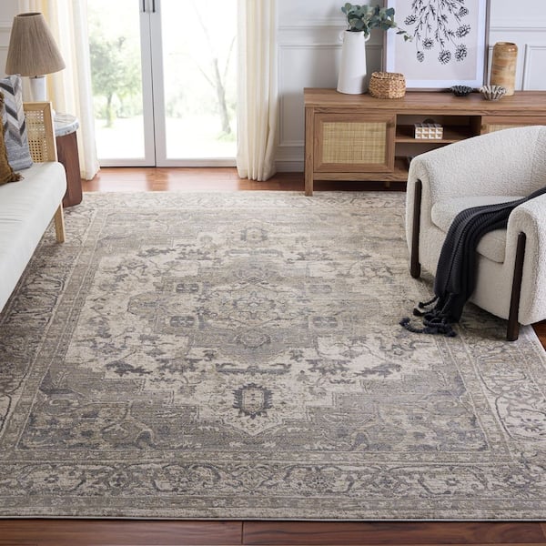 Brentwood 7 ft. x 7 ft. Square Ivory/Gray Distressed Medallion Area Rug