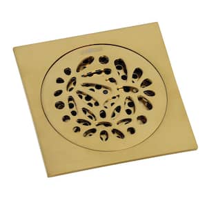 Floral 4 in. Square Grid Shower Drain, Brushed Brass