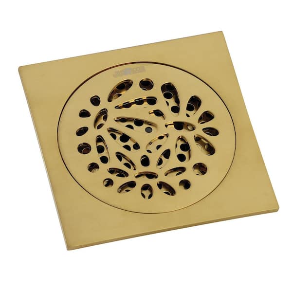 Kingston Brass Floral 4 in. Square Grid Shower Drain, Brushed Brass