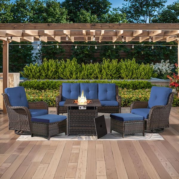 ArcoBay 6-Piece Brown Wicker Patio Square Fire Pit Conversation Set with Navy Blue Cushions and Swivel Rocking Chairs