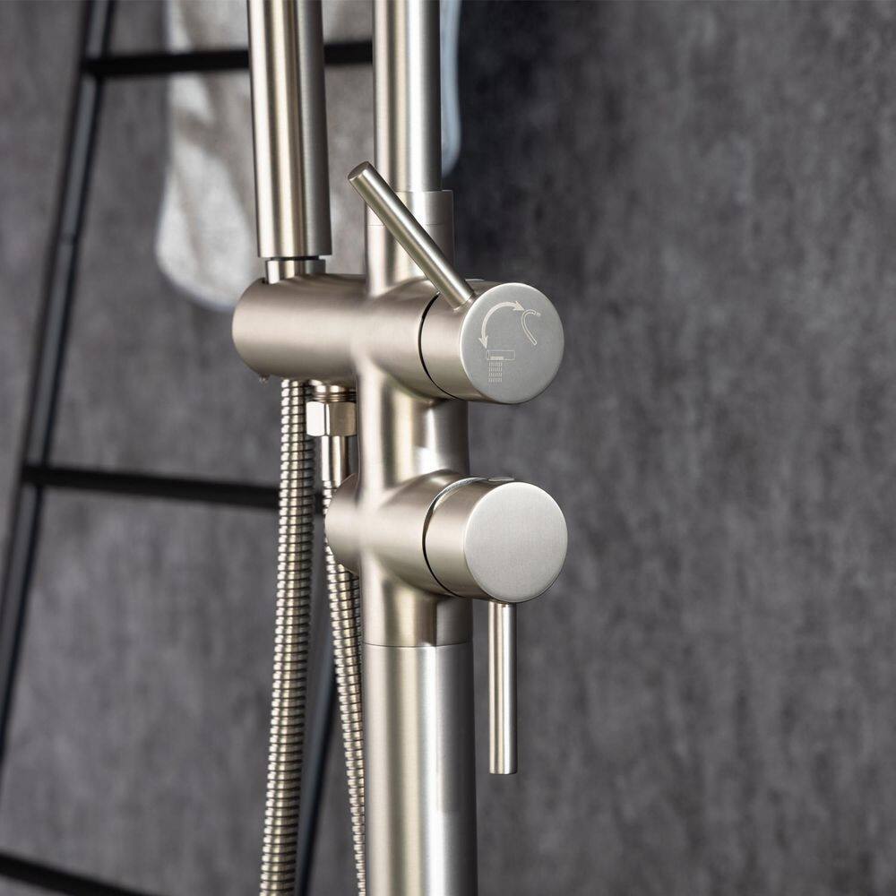 Brushed Nickel Double Handle Floor Mount Tub Faucet with Hand Shower