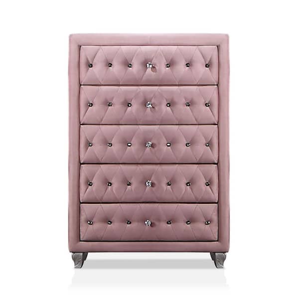 Furniture of America Nesika 5-Drawer Pink Chest of Drawers and Care Kit (49 in. H x 34.5 in. W x 17.5 in. D)