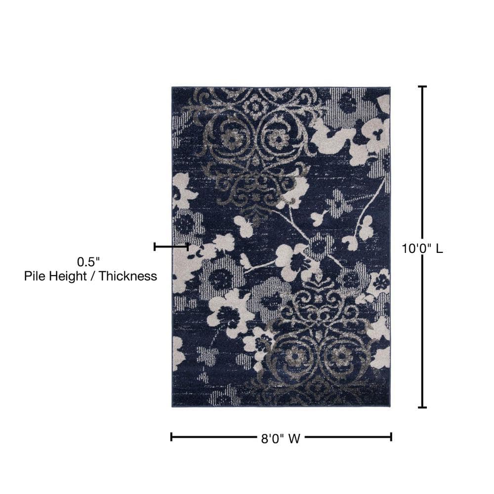 Navy and Silver Floral Synthetic Rectangular Area Rug, 8' x 10'