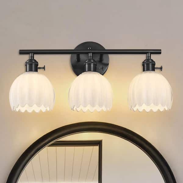 18.8 in. 3-Light Black Dimmable Bathroom Vanity Light, with Milk White Glass Shades, for Living Room, Bedroom, Mirror