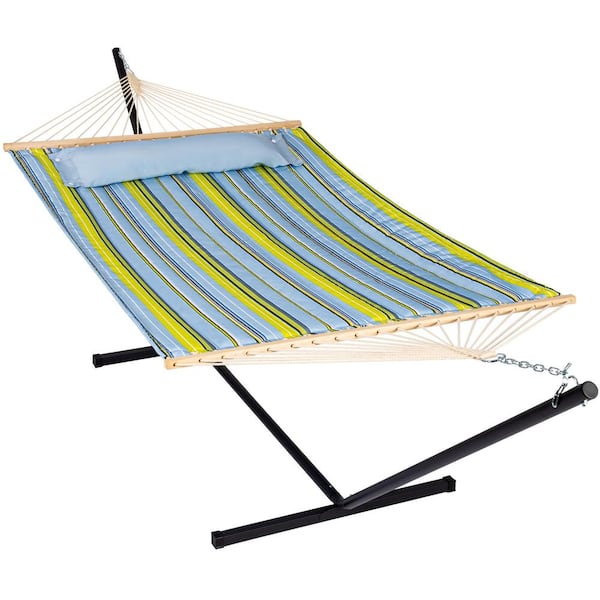 Double Hammock with Stand 12 ft. Heavy Duty Hammock with Stand for Outdoors Indoors 450 lbs. Weight Capacity Blue Yellow LHSE008 The Home Depot