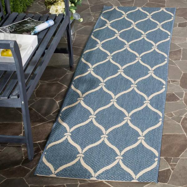 Courtyard Blue/Beige 2 ft. x 12 ft. Trellis Indoor/Outdoor Runner Rug