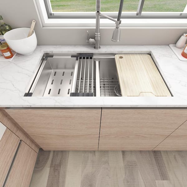 Sinber 32 Undermount Single Bowl Workstation Kitchen Sink with 304  Stainless Steel