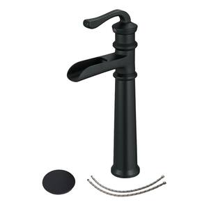 Bathroom Vessel Sink Faucet Waterfall Matte Black with Pop Up Drain W/ Overflow 