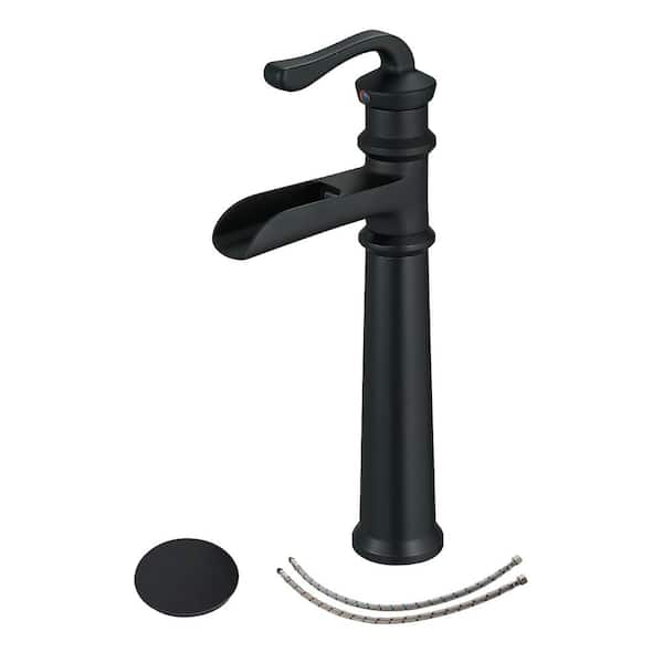FORCLOVER Single Handle Waterfall Single Hole Bathroom Vessel Sink Faucet With Pop-Up Drain Assembly in Matte Black