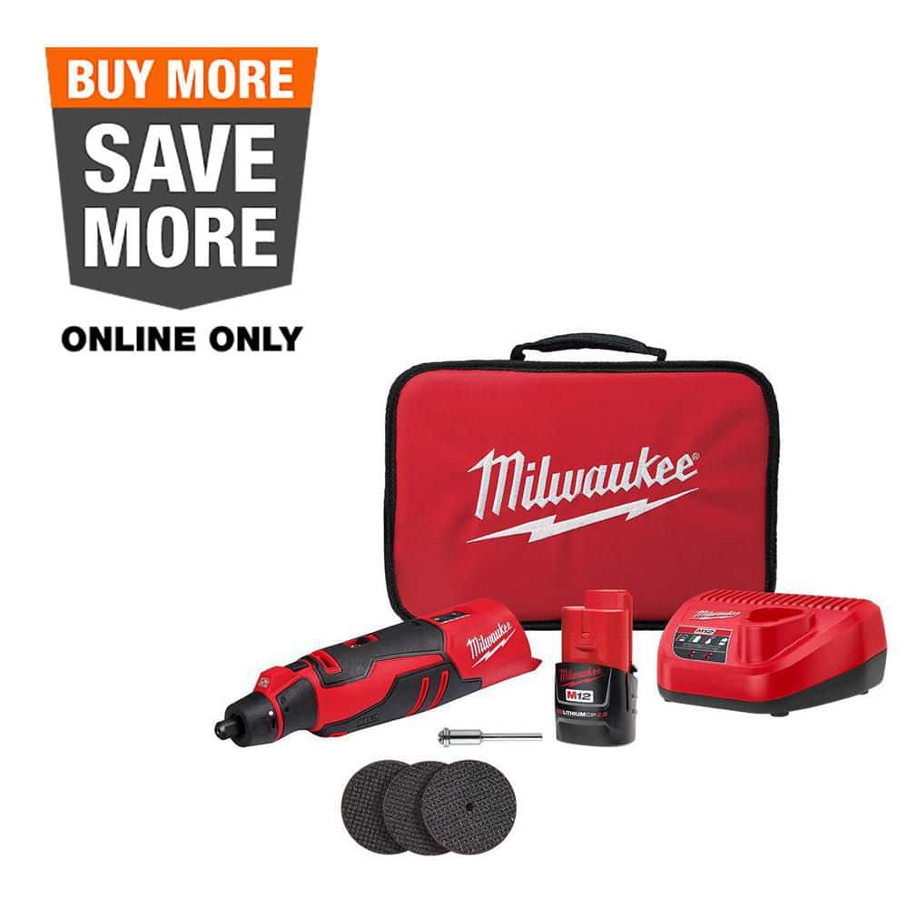 Milwaukee M12 12V Lithium-Ion Cordless Brushless Rotary Tool with (1) 2.0 Ah Battery Pack and Charger 2525-21