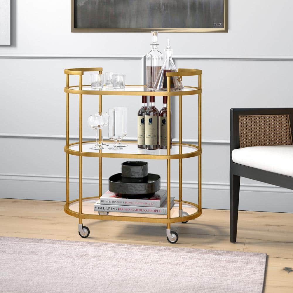 Evelyn Oval Brass Bar Cart with Tempered Glass Shelves