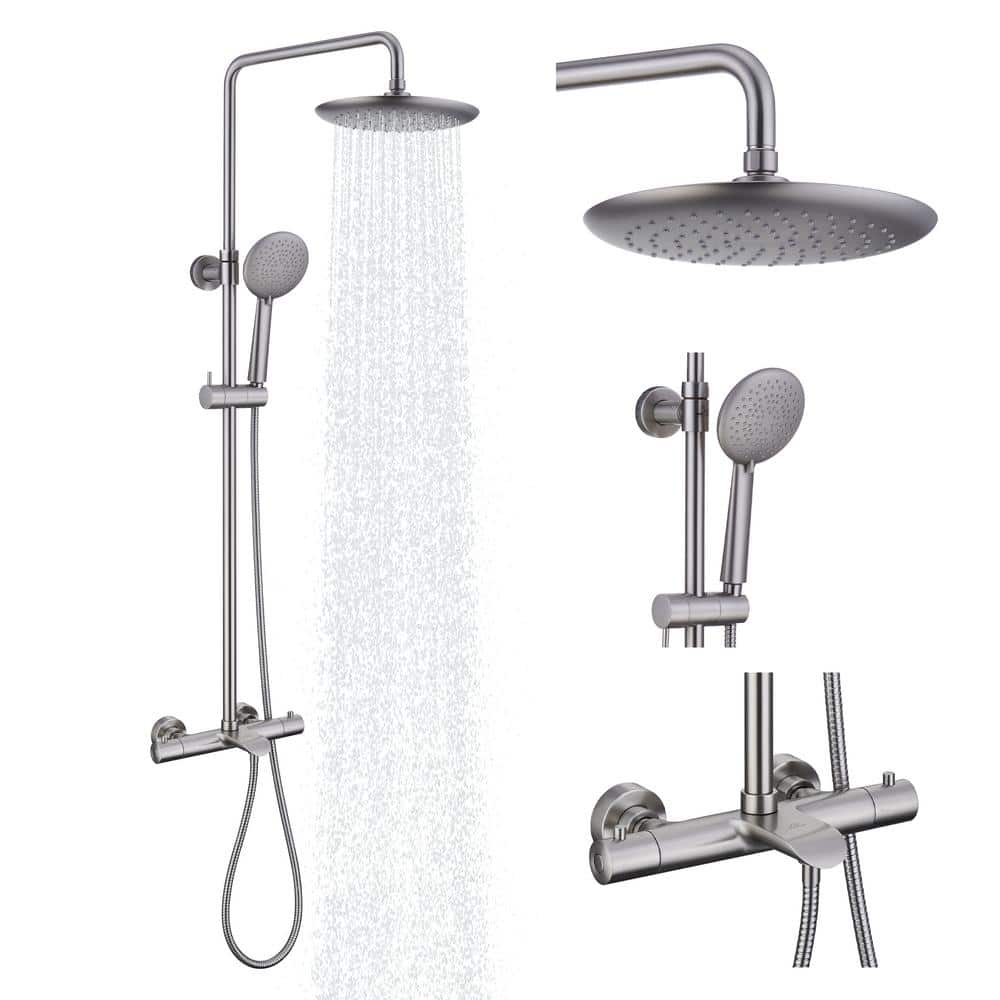 CASAINC 5 Spray Patterns 9.5 in. Thermostatic Shower Faucet Wall Mount Dual Shower Heads and Tub Faucet in Brushed Nickel HM T102 RO BN The Home Depot