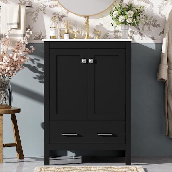 24 in. Single Sink Freestanding Black Bath Vanity with White Ceramic Top, Divider Drawer, Door Racks