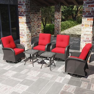 6-Piece Wicker Swivel Outdoor Rocking Chairs Patio Conversation Set with Red Cushions