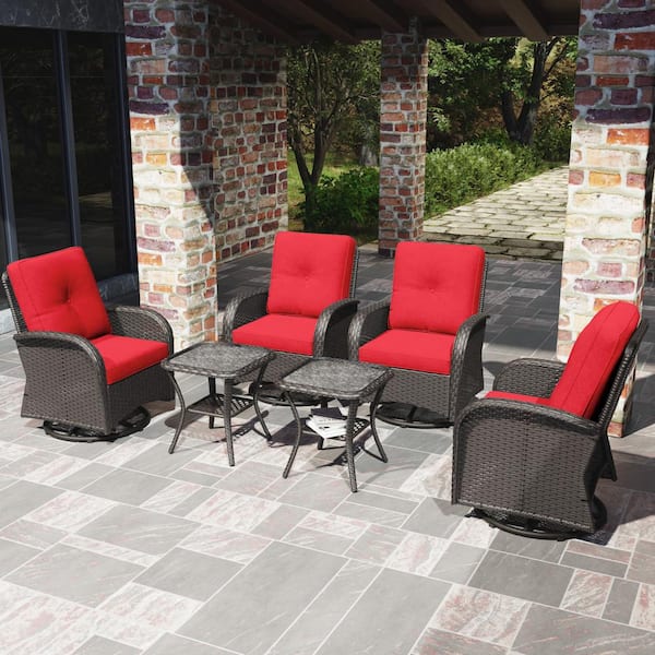 6-Piece Wicker Swivel Outdoor Rocking Chairs Patio Conversation Set with Red Cushions