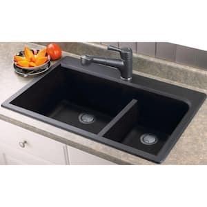 Radius Drop-in Granite 33 in. 1-Hole 1-3/4 J-Shape Double Bowl Kitchen Sink in Black