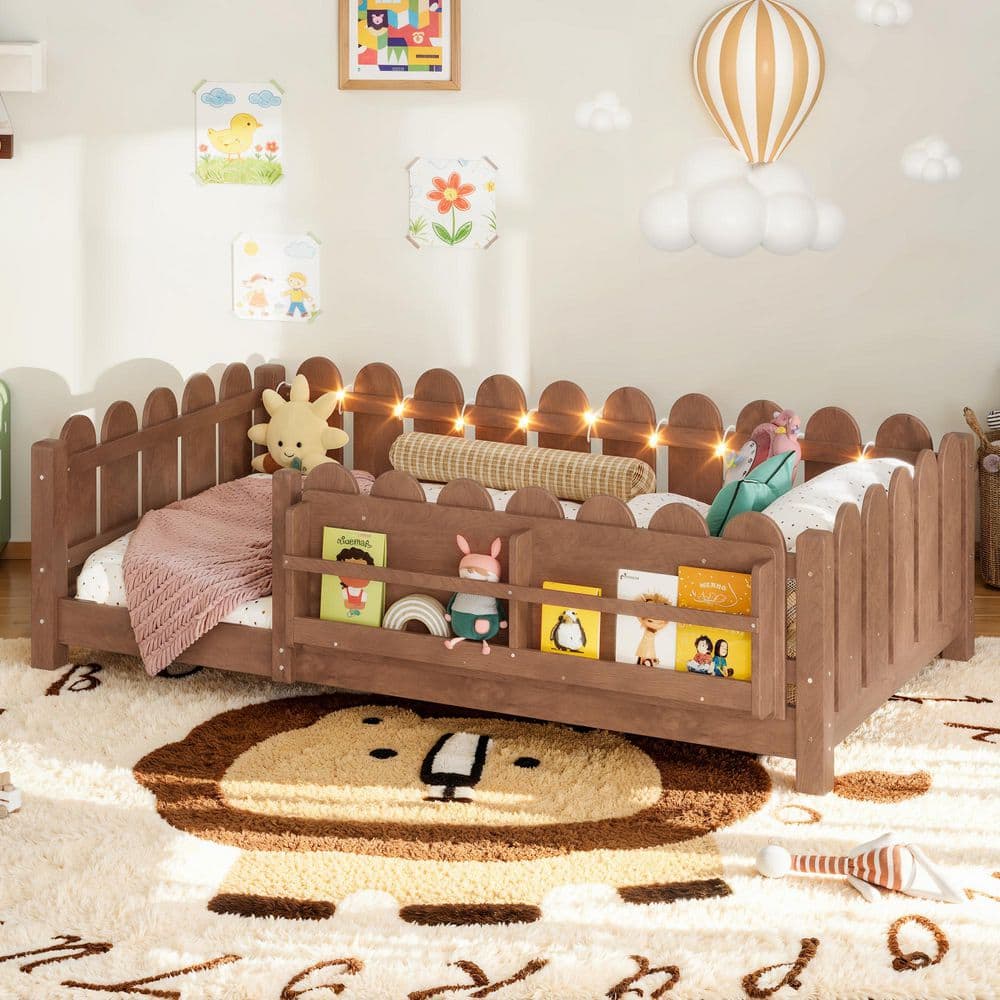 Antique Natural Twin Kids Bed with Guardrail and Bookshelf,LED Lights