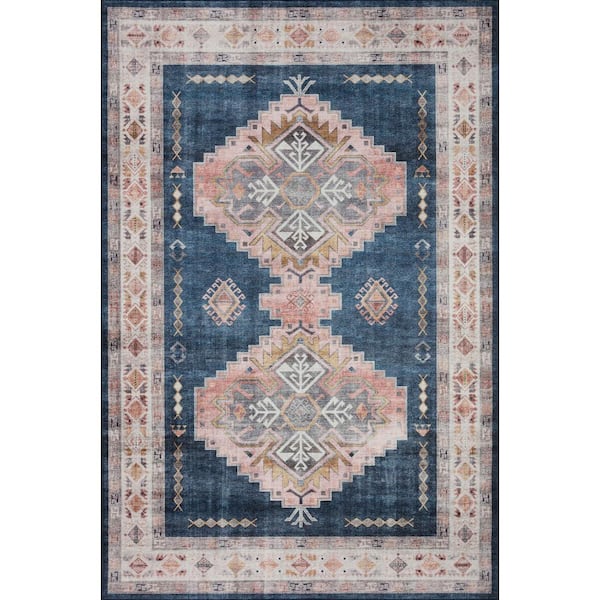 LOLOI II Heidi Denim/Blush 2 ft. 6 in. x 9 ft. 6 in. Southwestern Printed Runner Rug