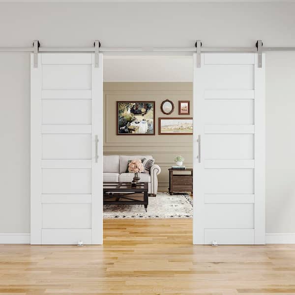 EH PUERTA 56 in. x 80 in. White Primed 5-Lite Pattern Paneled MDF Sliding Barn Door with Hardware Kit Nickel Plated