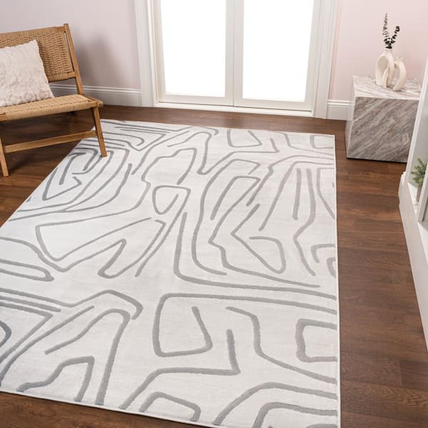 JONATHAN Y Alcina Modern Scandinavian Graphic Lines High-Low White/Light Gray 3 ft. x 5 ft. Area Rug