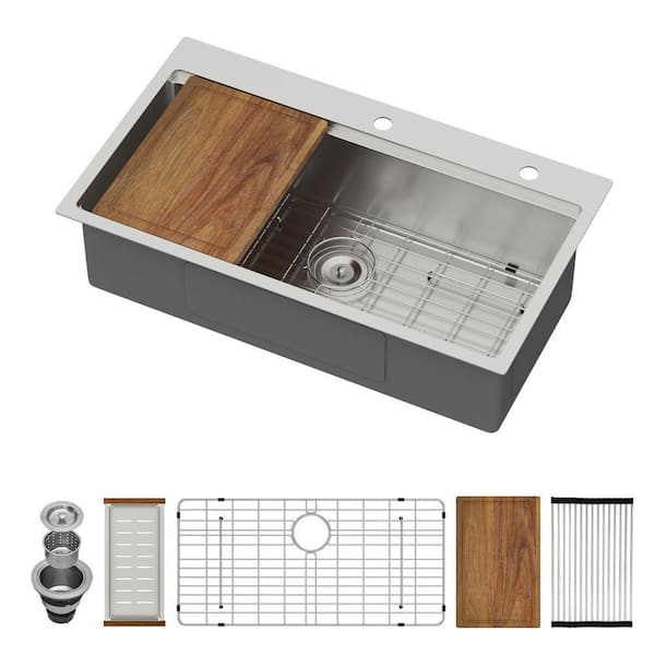 33 in. Drop in Workstation Sink Single Bowl 16-Gauge Brushed Nickel Stainless Steel Kitchen Sink with Bottom Grids