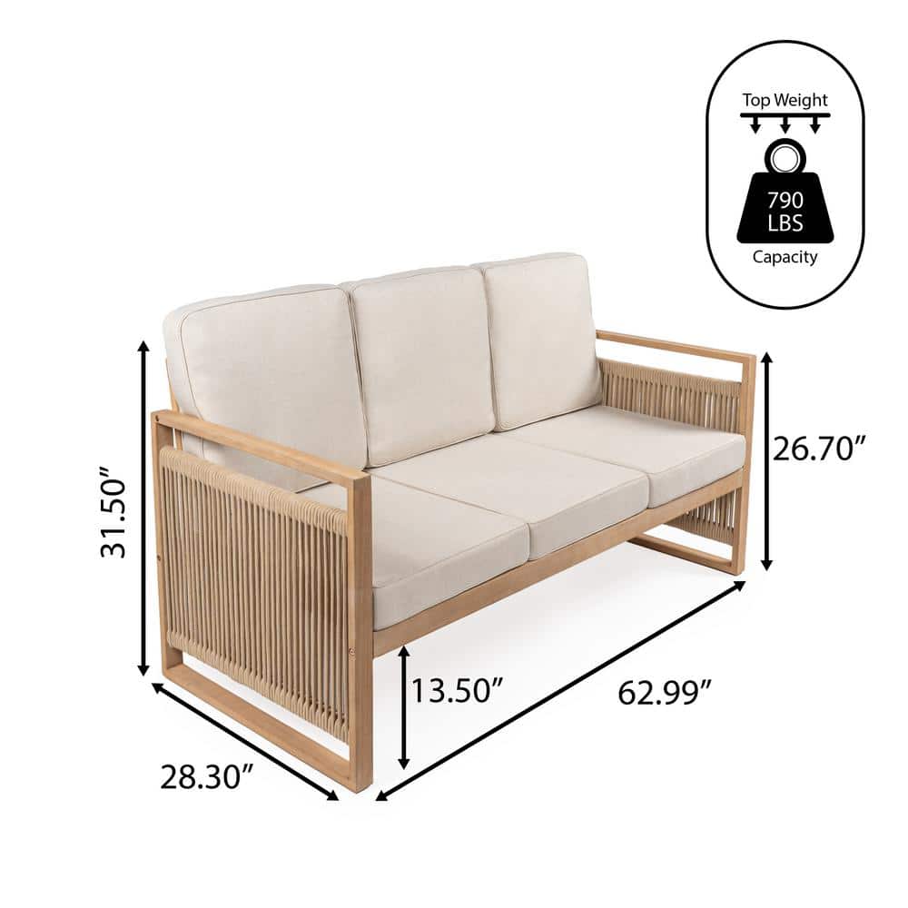 Gable Beige and Light Teak Roped Acacia Wood Outdoor Sofa with Cushions