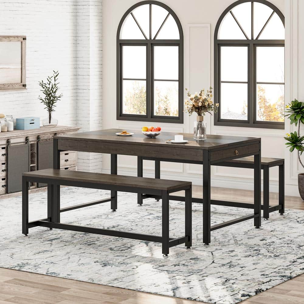 BYBLIGHT Farmhouse Grey Engineered Wood 63 in. 4-Legs Dining Table Set ...