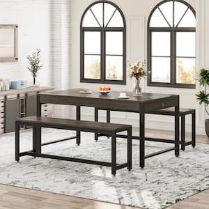 Farmhouse Grey Engineered Wood 63 in. 4-Legs Dining Table Set with Benches Seats 4 to 6