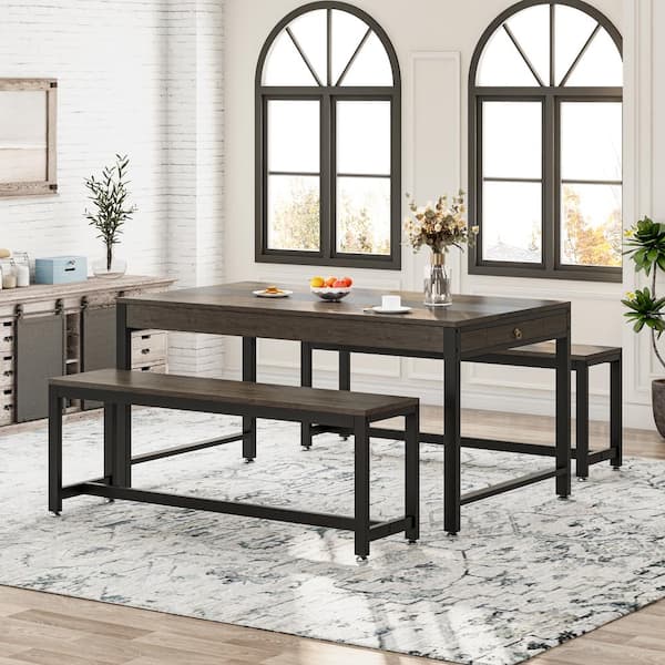 BYBLIGHT Farmhouse Grey Engineered Wood 63 in. 4-Legs Dining Table Set with Benches Seats 4 to 6