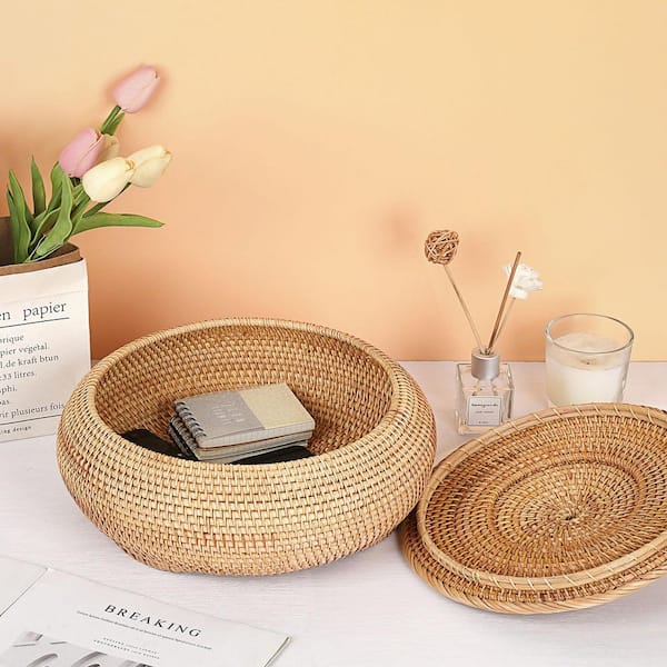 1-Piece Round Rattan Boxes with Lid, Wicker Storage Box for Coffee Table Farmhouse Picnic, X-Large Woven Breadbasket