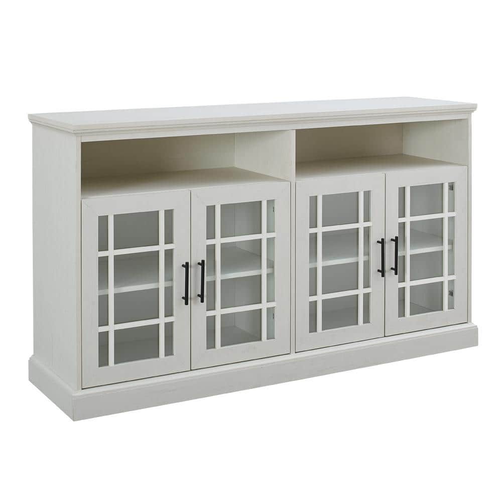 Brushed White Glass Door TV Stand with Cabinet, 58 Inch
