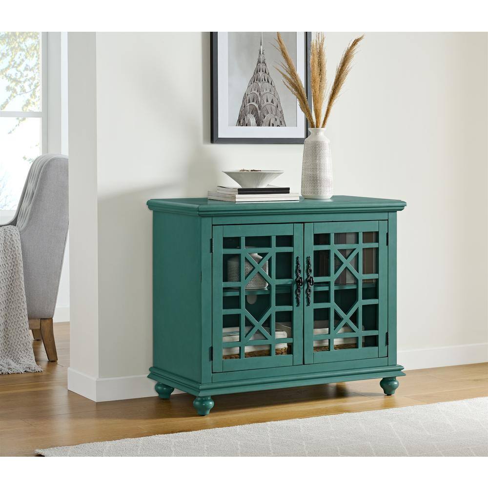 Parisian Antique Teal TV Stand with Trellis Glass Doors