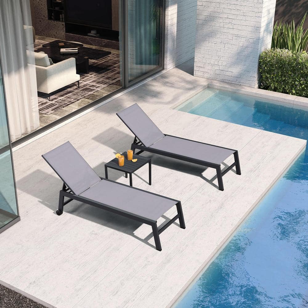 Textilene 3-Pieces Outdoor Metal Pool Lounge Chairs with Side Table and Wheels, Light Gray price history on PriceWatchPro